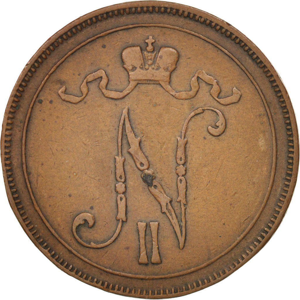 Moneta, Finlandia, Nicholas II, 10 Pennia, 1905, Helsinki, BB, Rame, KM:14