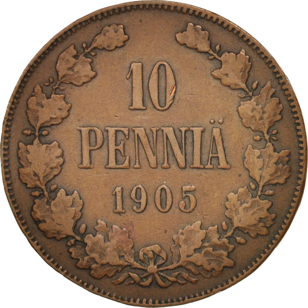 Moneta, Finlandia, Nicholas II, 10 Pennia, 1905, Helsinki, BB, Rame, KM:14