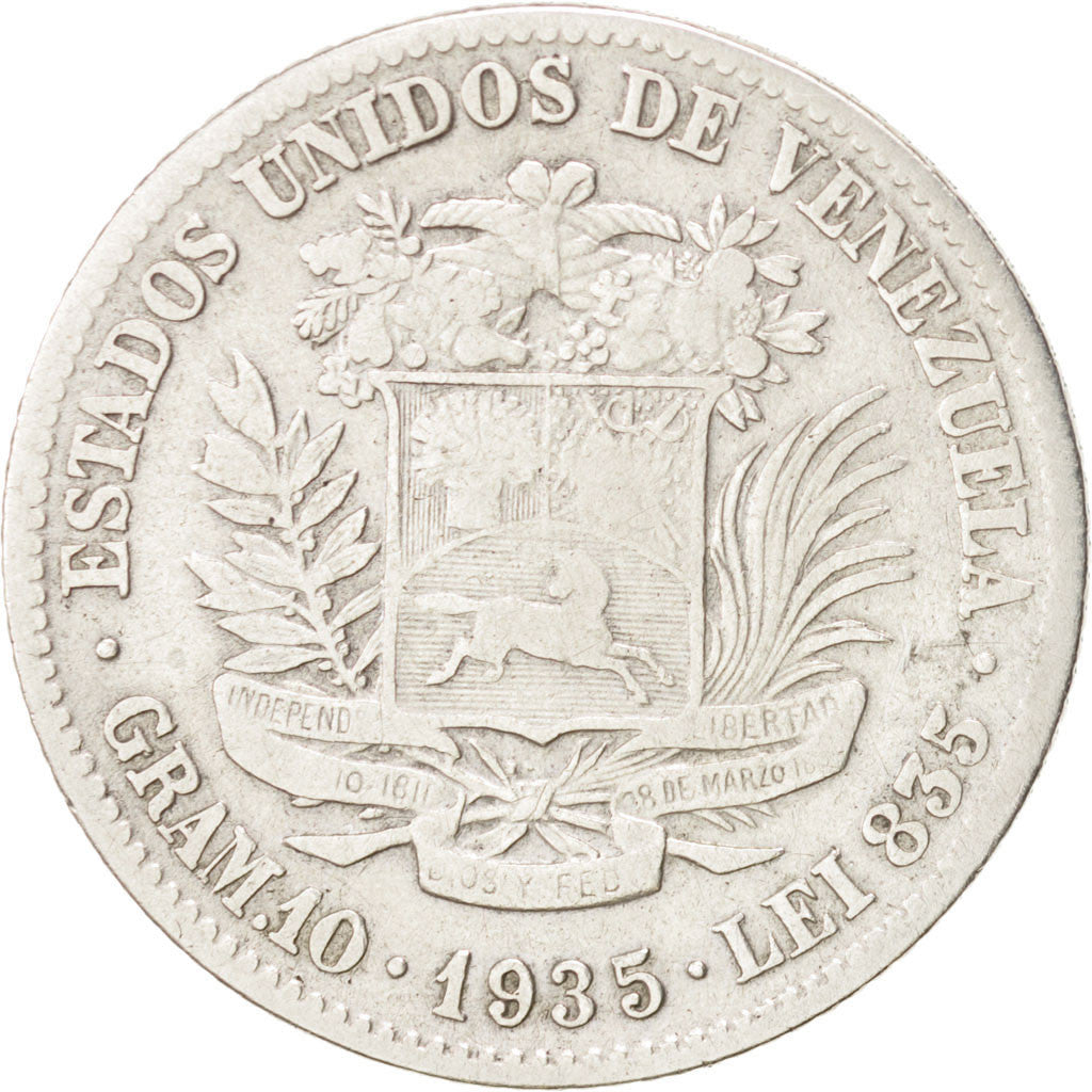 VENEZUELA, Gram 10, 2 Bolivares, 1935, KM #23, VF(30-35), Silver, 27, 9.75