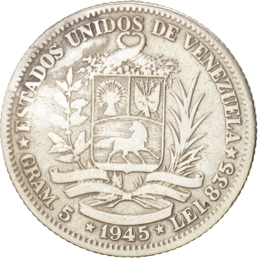 VENEZUELA, Gram 5, Bolivar, 1945, Philadelphia, KM #22a, VF(20-25), Silver, 23,.
