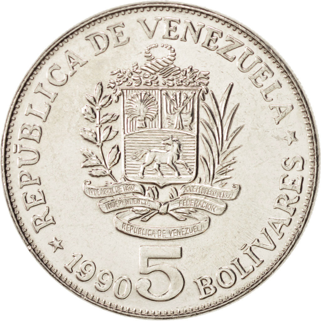Münze, Venezuela, 5 Bolivares, 1990, UNZ, Nickel Clad Steel, KM:53a.2