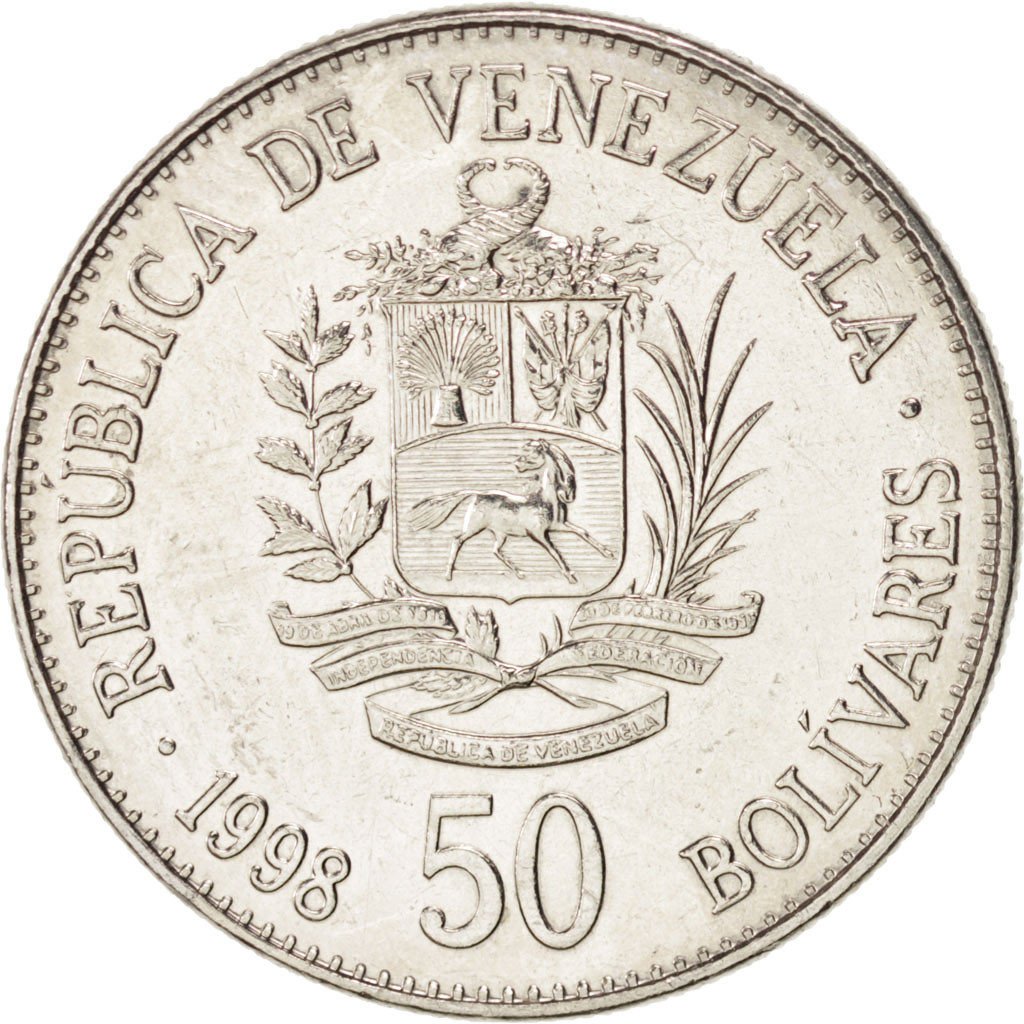 VENEZUELA, 50 Bolivares, 1998, KM #77.1, MS(60-62), Nickel Clad Steel, 6.55