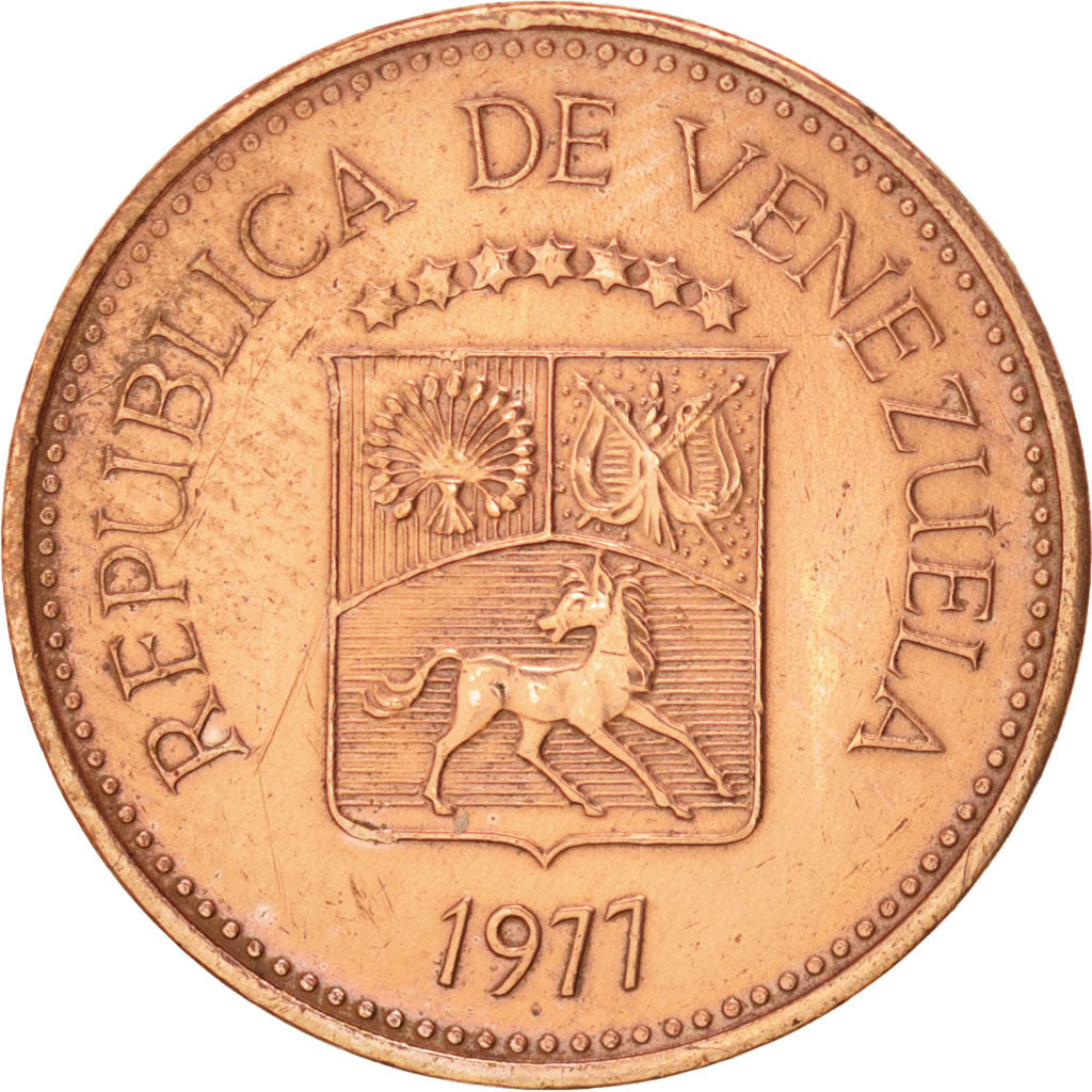 VENEZUELA, 5 Centimos, 1977, KM #49, AU(55-58), Copper Clad Steel, 2.01