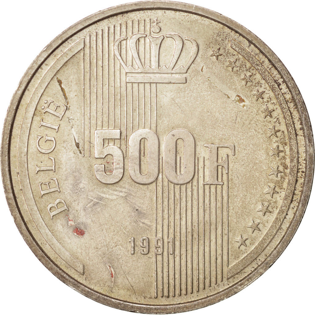 BELGIUM, 500 Francs, 500 Frank, 1991, KM #197, AU(55-58), Silver, 37, 22.80