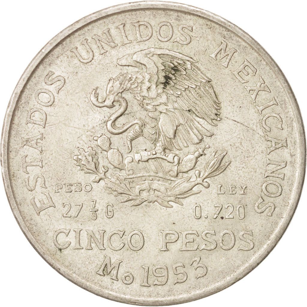 MEXICO, 5 Pesos, 1953, Mexico City, KM #467, AU(55-58), Silver, 40, 27.85