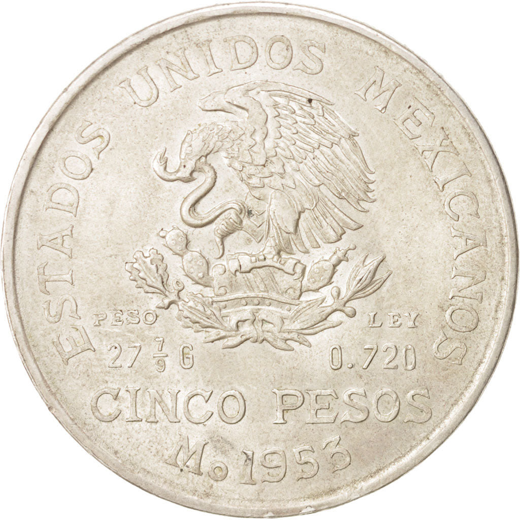 Coin, Mexico, 5 Pesos, 1953, Mexico City, AU(55-58), Silver, KM:467