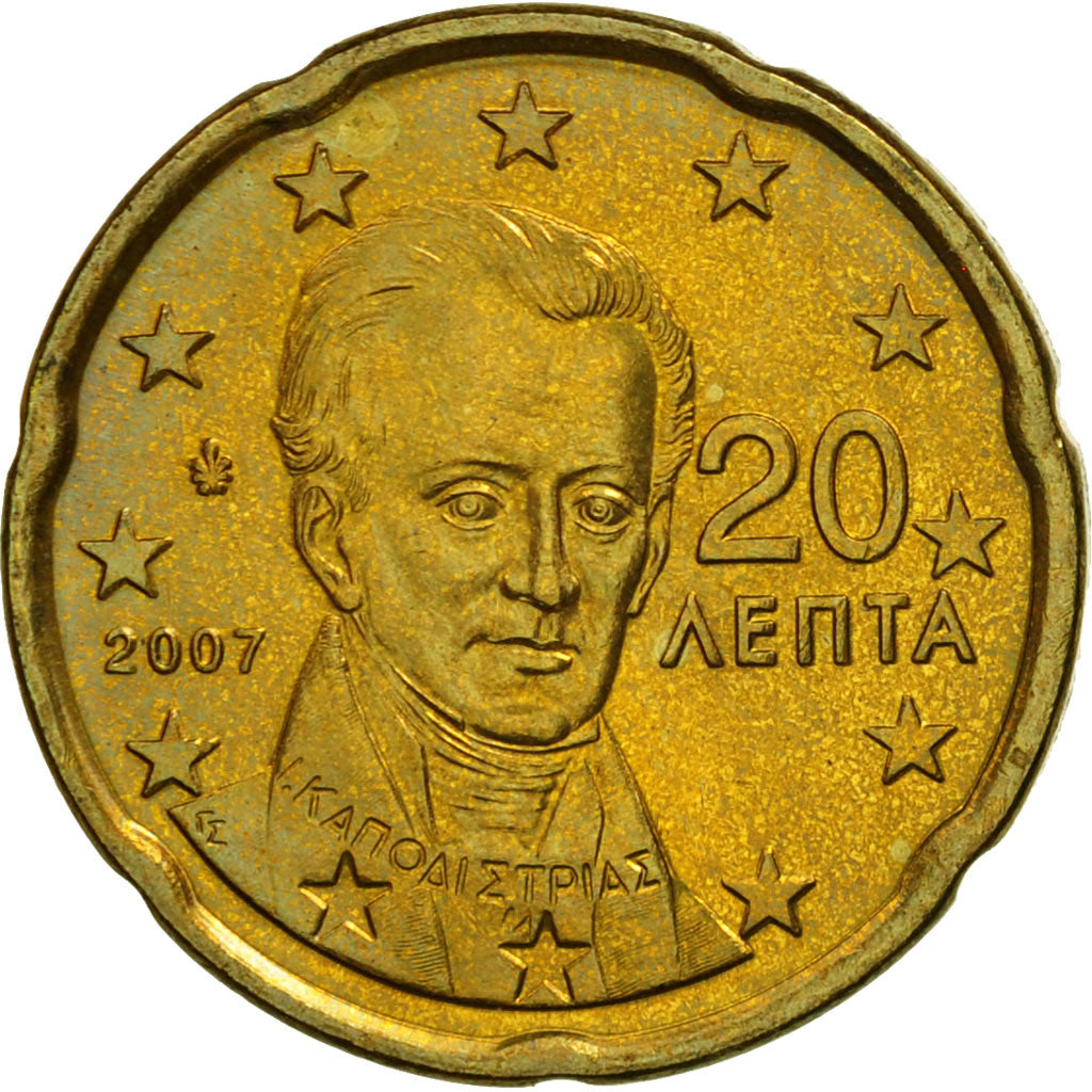 Grecja, 20 Euro Cent, 2007, Athens, MS(63), Mosiądz, KM:212