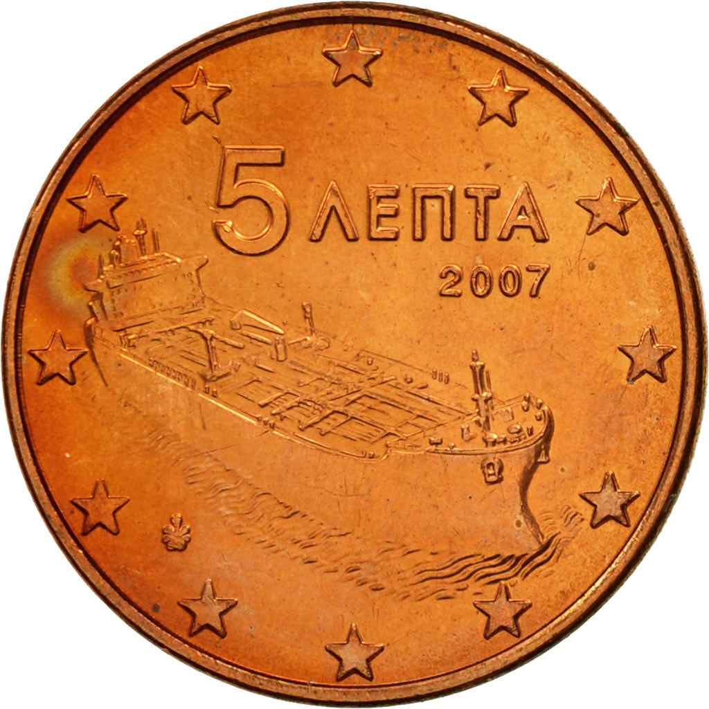 Grecia, 5 Euro Cent, 2007, SC, Cobre chapado en acero, KM:183