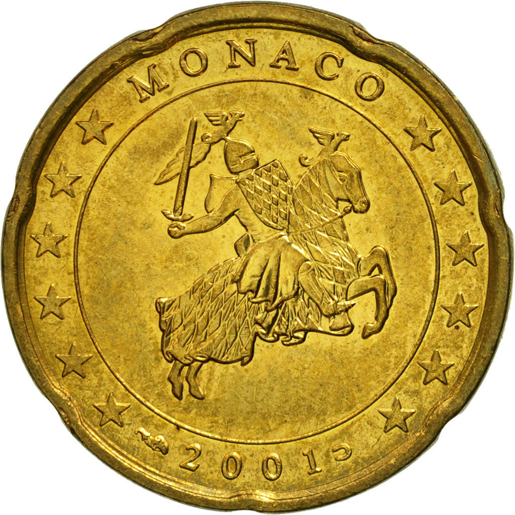 Monaco, 20 Euro Cent, 2001, SPL, Laiton, KM:171