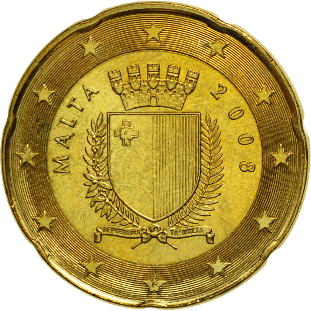 Malte, 20 Euro Cent, 2008, SPL, Laiton, KM:129