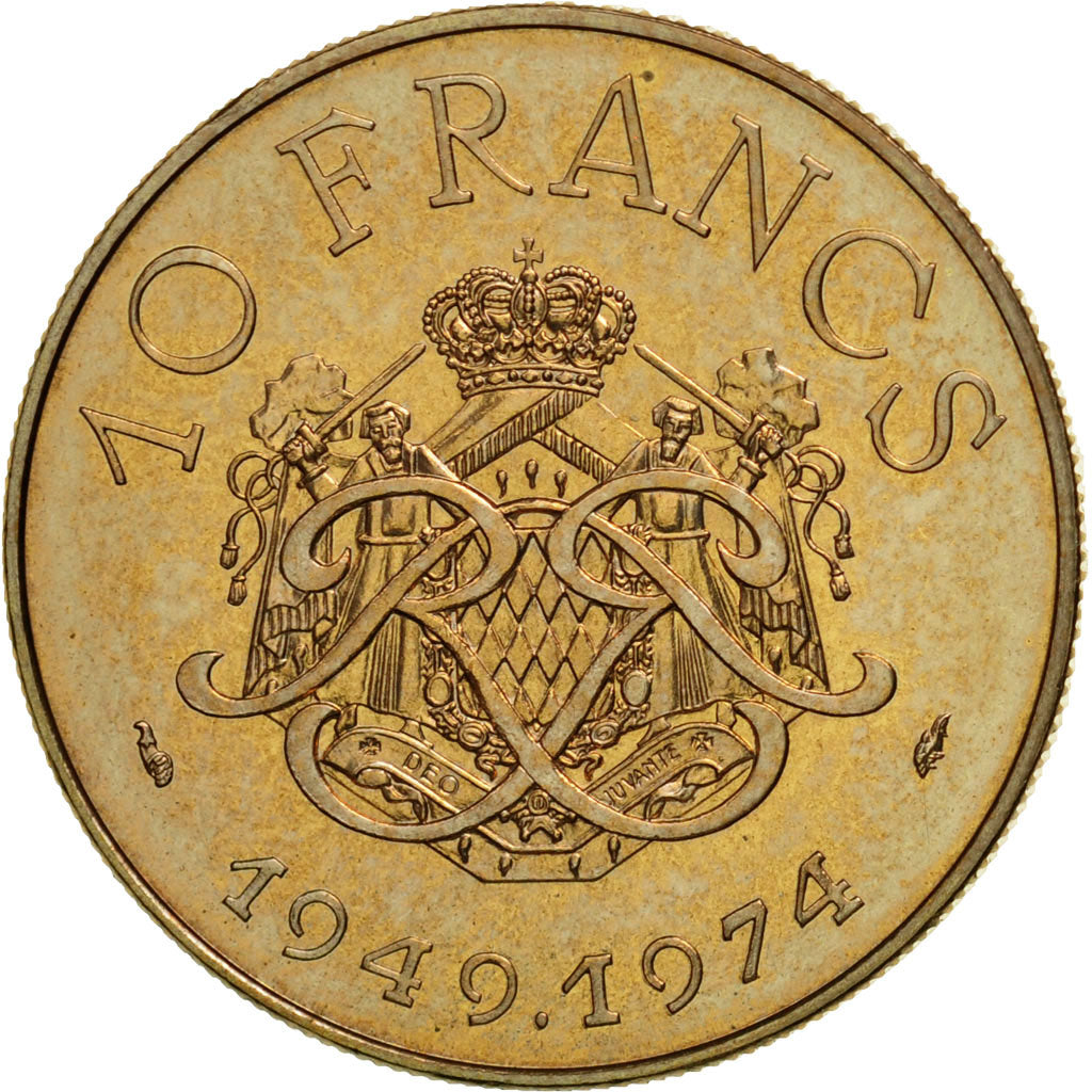 Monaco, Rainier III, 10 Francs, 1974, Paris, MS(65-70), Copper-Nickel-Aluminum
