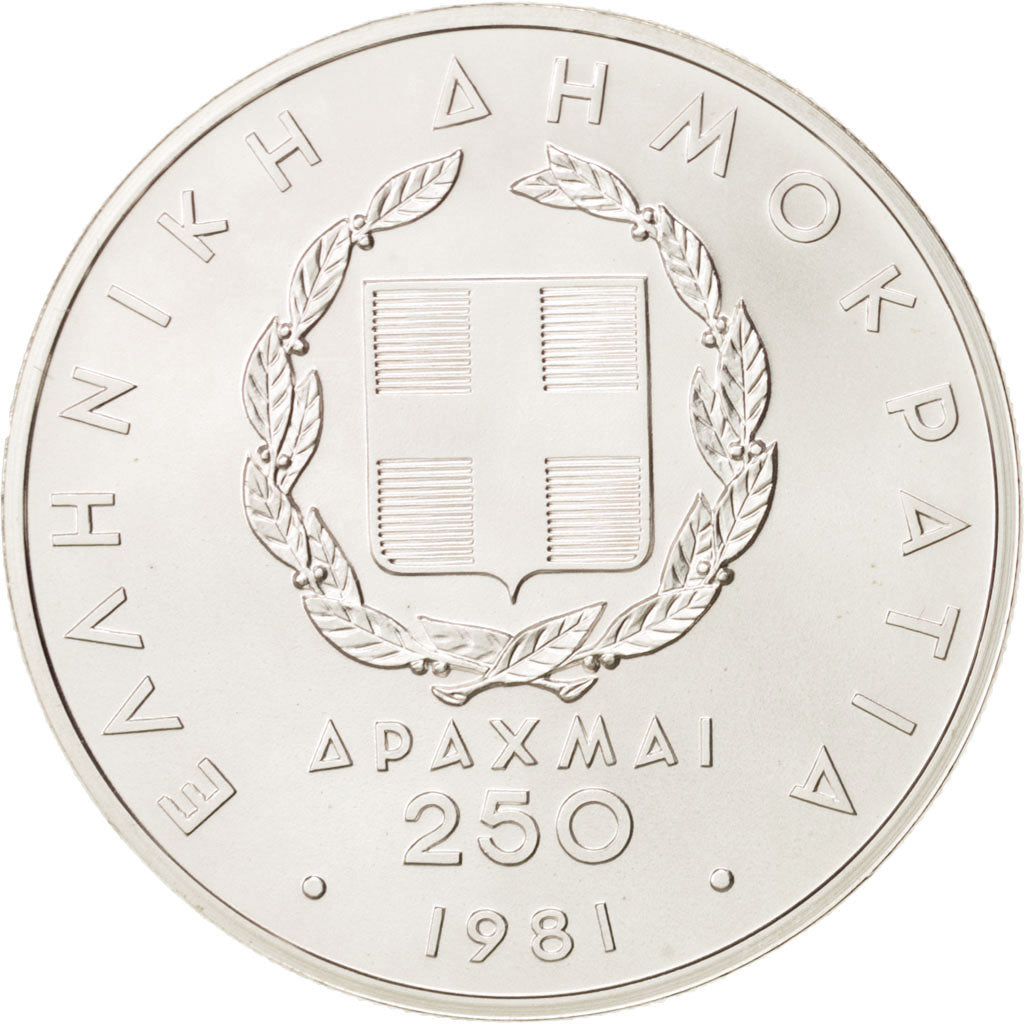 GREECE, 250 Drachmai, 1981, KM #126, MS(63), Silver, 14.25