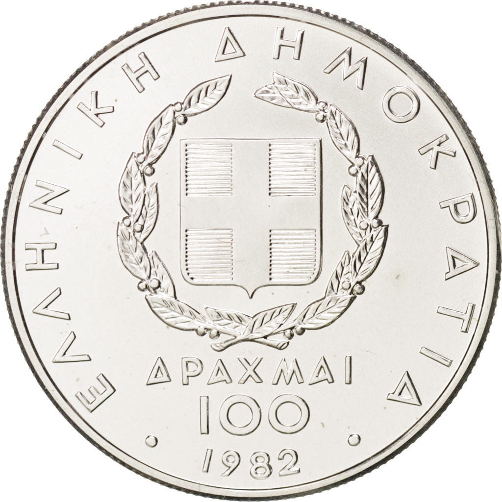 GREECE, 100 Drachmai, 1982, KM #136, MS(63), Silver, 5.78