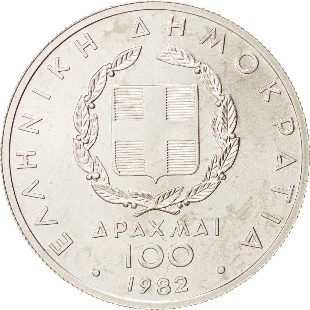 GREECE, 100 Drachmai, 1982, KM #135, MS(63), Silver, 5.78