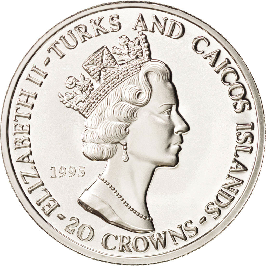 Turks e Caicos, Elizabeth II, 20 Crowns, 1995, FDC, Argento, KM:201