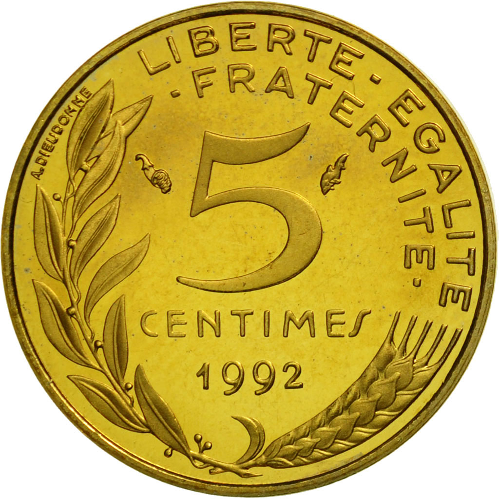 France, Marianne, 5 Centimes, PROOF 1992, MS(65-70), Aluminum-Bronze, KM:933