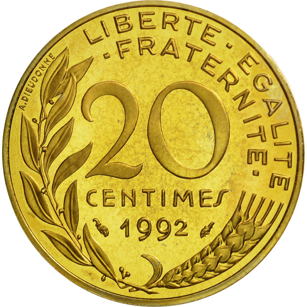 France, Marianne, 20 Centimes, PROOF 1992,  MS(65-70), Aluminum-Bronze, KM:930
