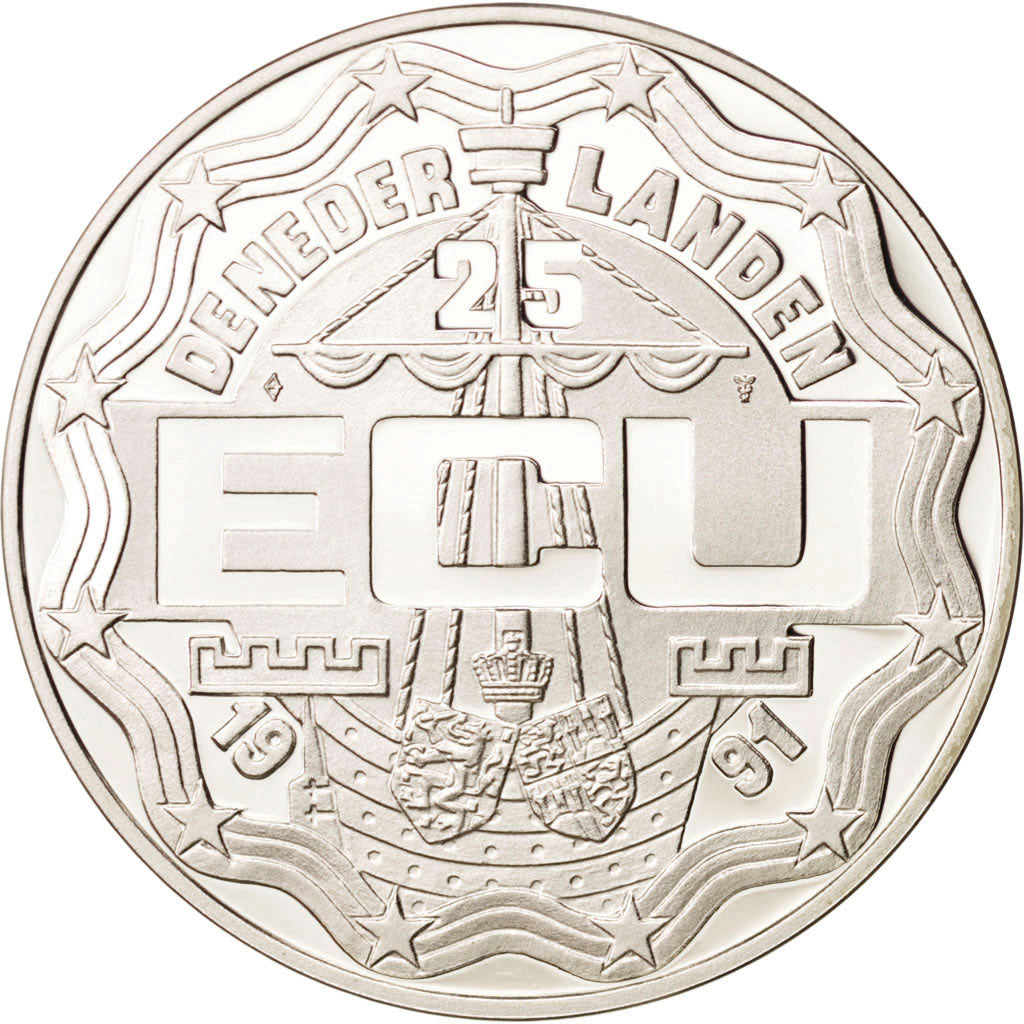 NETHERLANDS, 25 ECU, 1991, Utrecht, KM #37.1, MS(65-70), Silver, 38, 25.00