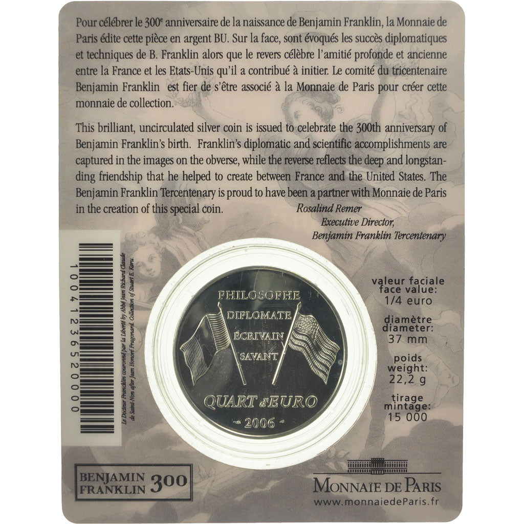 France, 1/4 Euro, Benjamin Franklin, 2006, MS(65-70), Silver, KM:1442