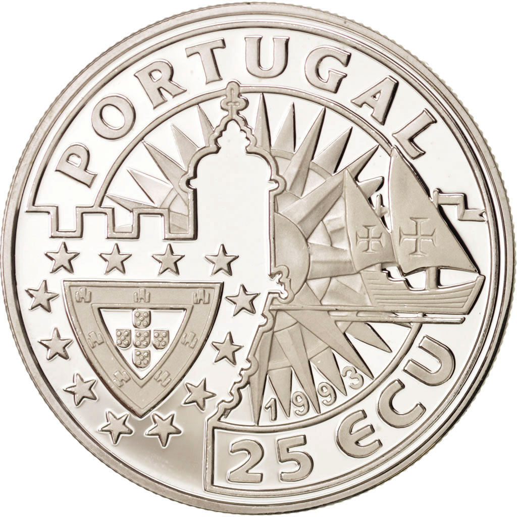 PORTUGAL, 25 ECU, 1993, Lisbon, KM #29, MS(65-70), Silver, 37, 28.00