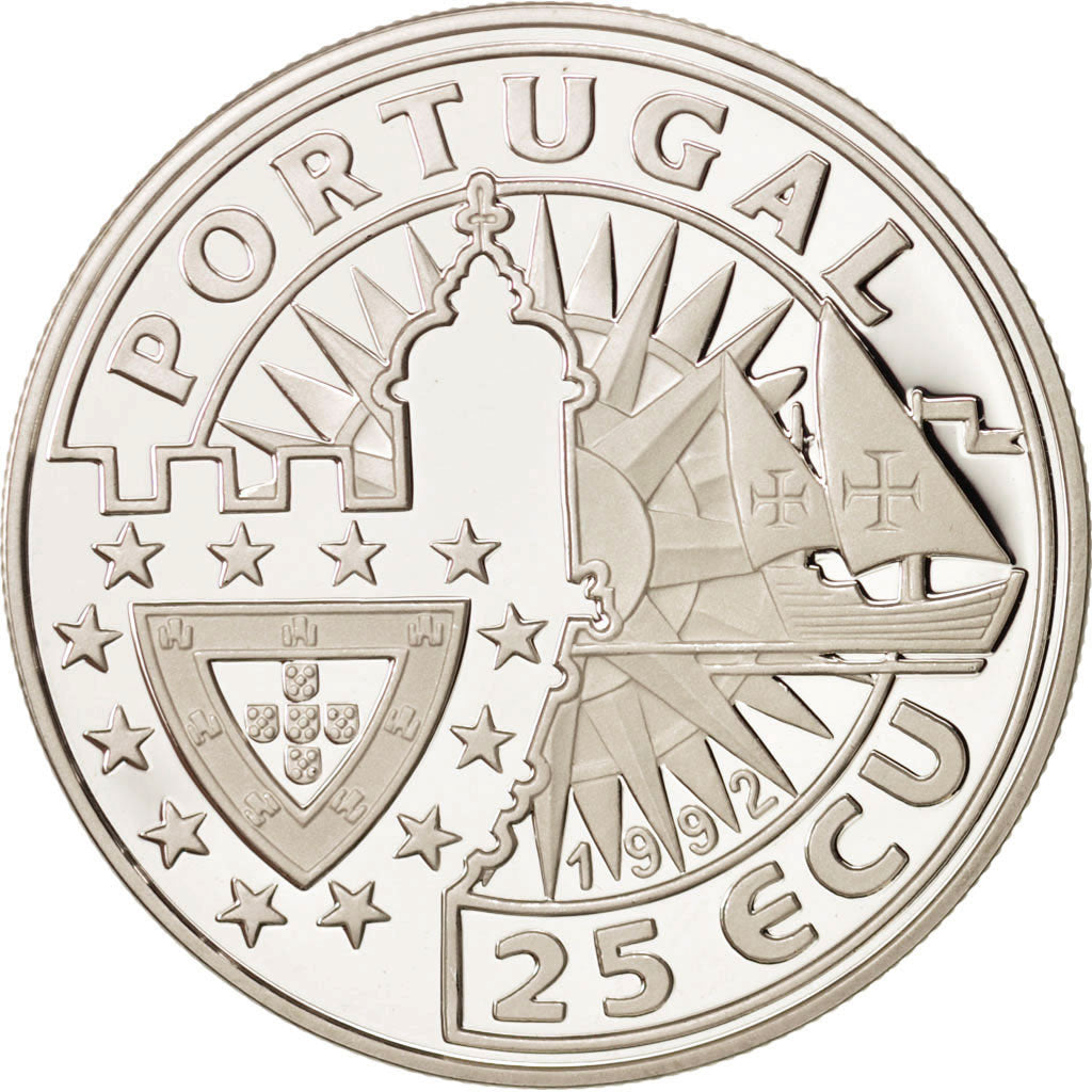 PORTUGAL, 25 ECU, 1992, Lisbon, KM #25, MS(65-70), Silver, 37, 28.00