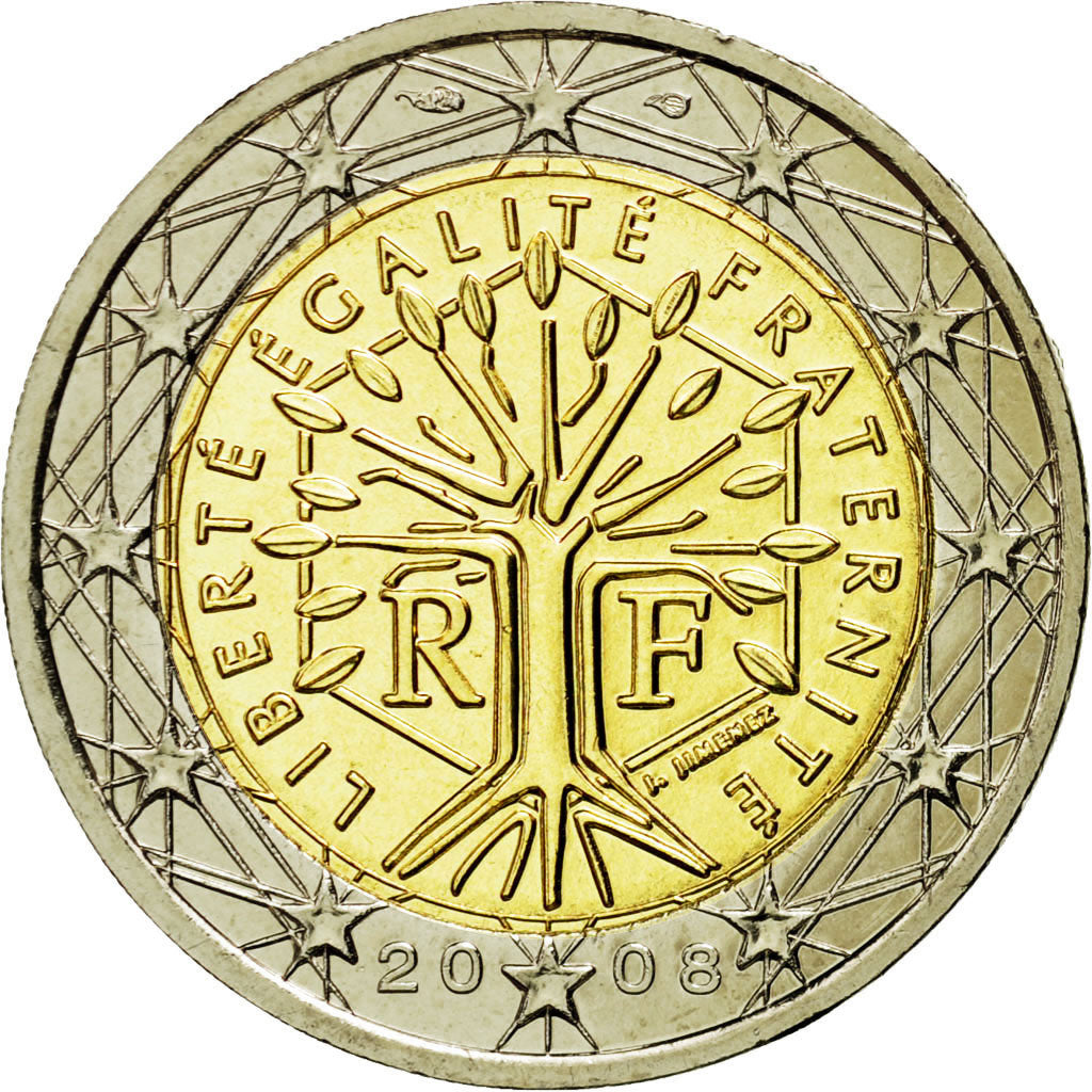 France, 2 Euro, 2008, MS(65-70), Bi-Metallic, KM:1414