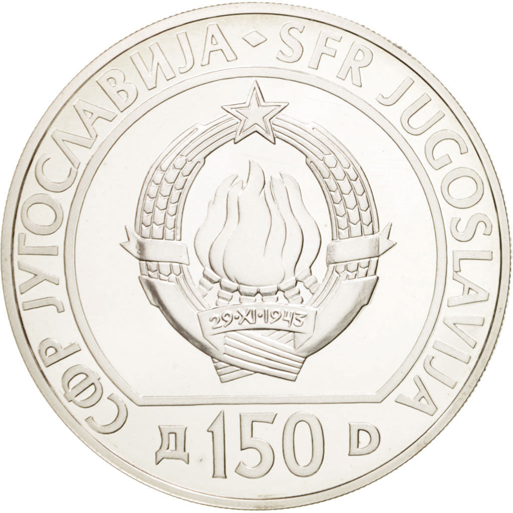 YUGOSLAVIA, 150 Dinara, 1990, KM #147, MS(65-70), Silver, 17.00