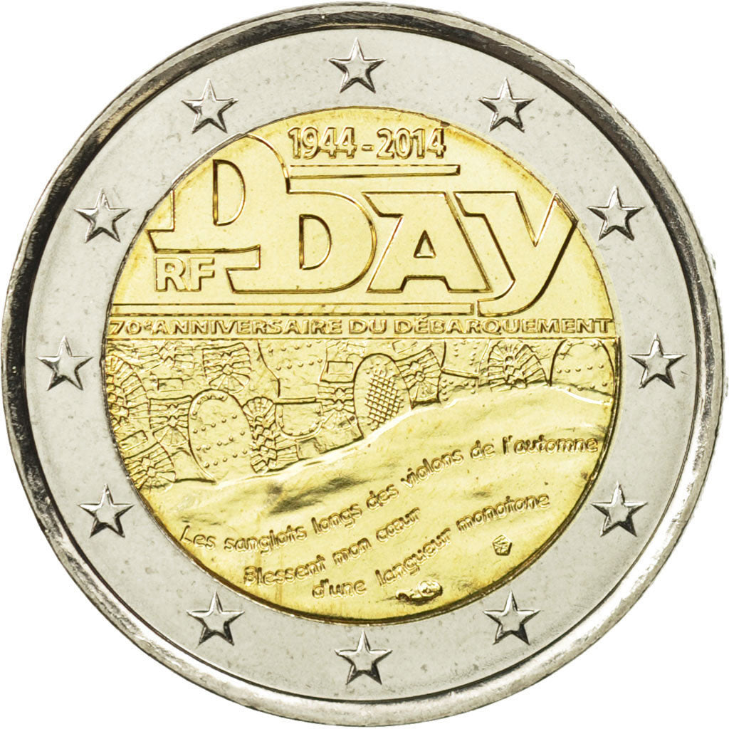 France, 2 Euro, D-Day, 2014, MS(63), Bi-Metallic