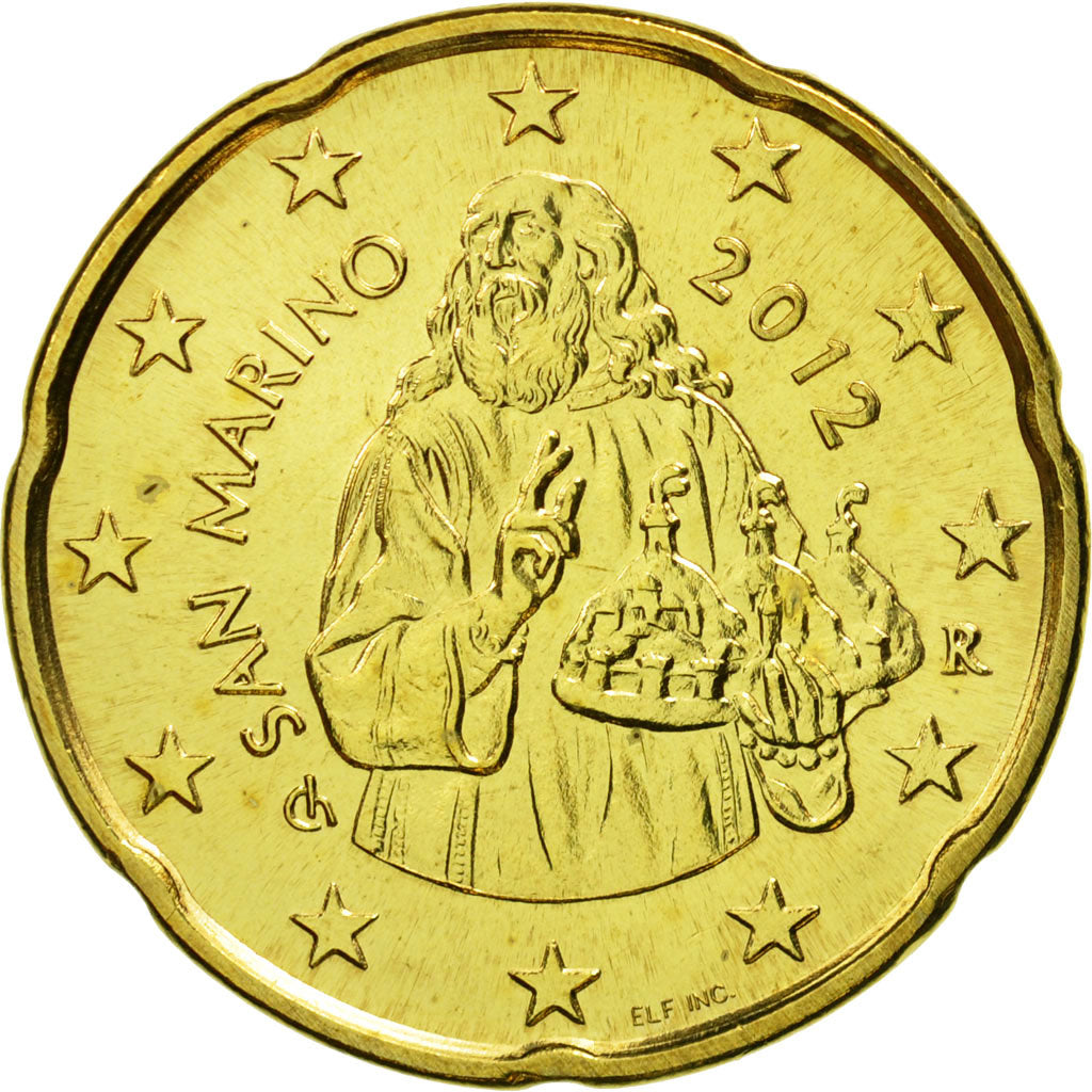 San Marino, 20 Euro Cent, 2012, MS(65-70), Brass, KM:483