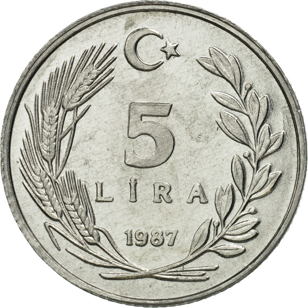Turkey, 5 Lira, 1987, MS(65-70), Aluminum, KM:963