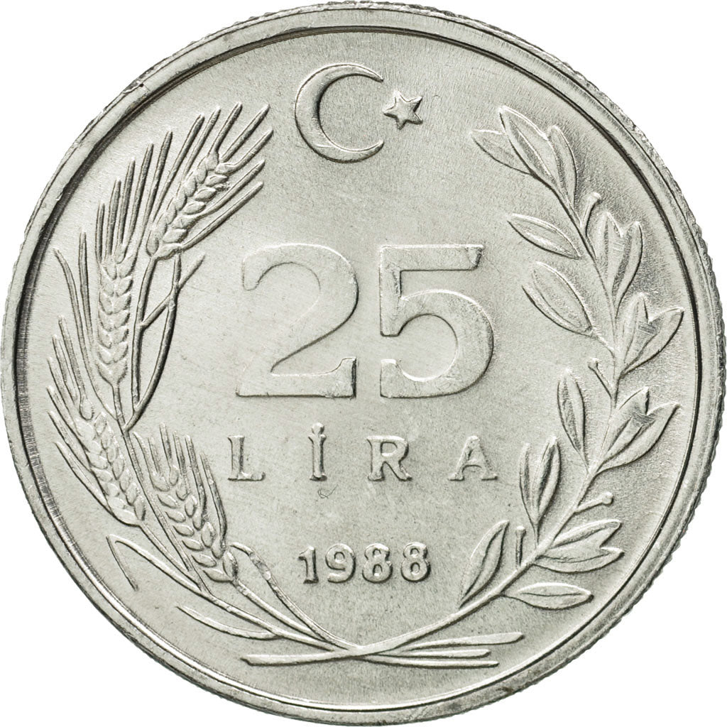 Coin, Turkey, 25 Lira, 1988, MS(65-70), Aluminum, KM:975