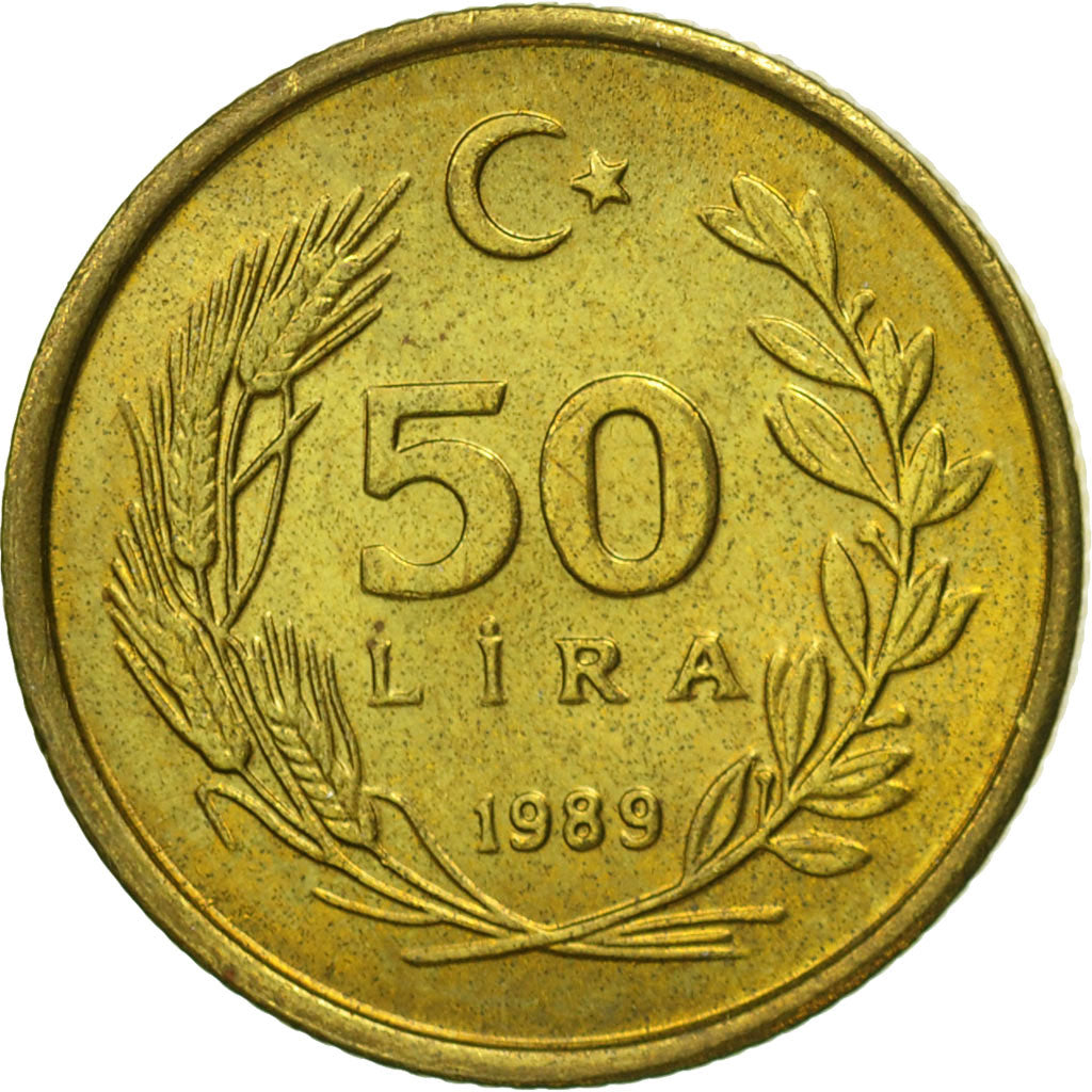 Turkey, 50 Lira, 1989, MS(65-70), Aluminum-Bronze, KM:987