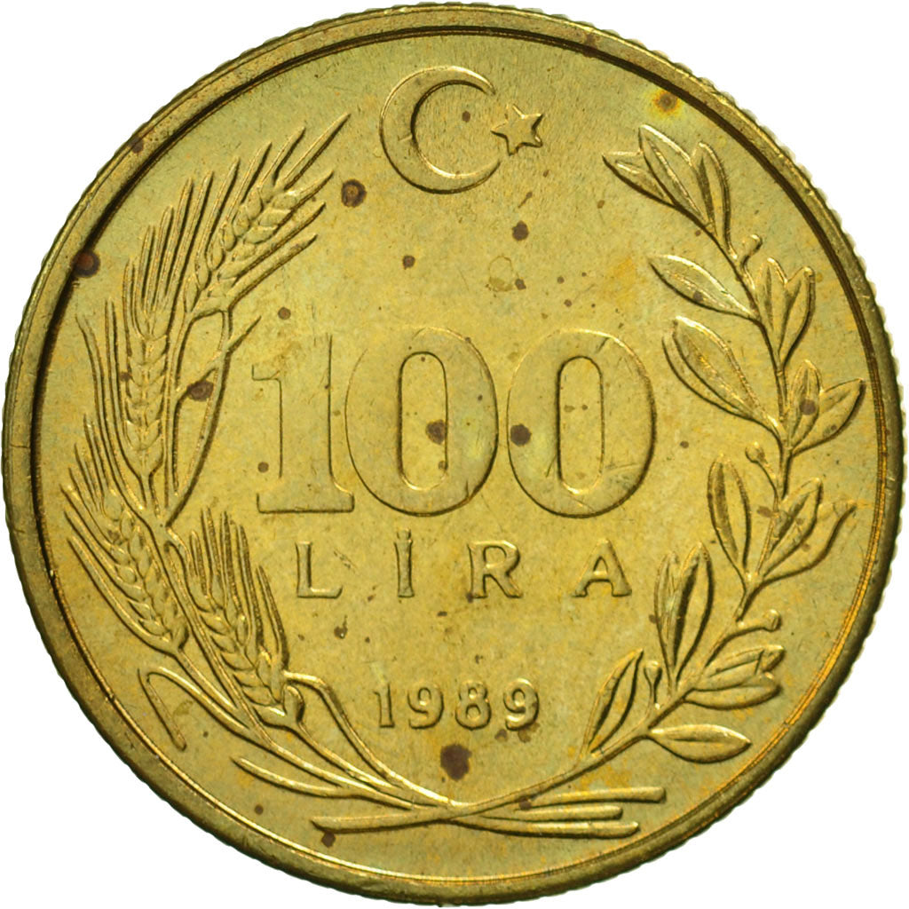 Moneta, Turcja, 100 Lira, 1989, MS(63), Aluminium-Brąz, KM:988