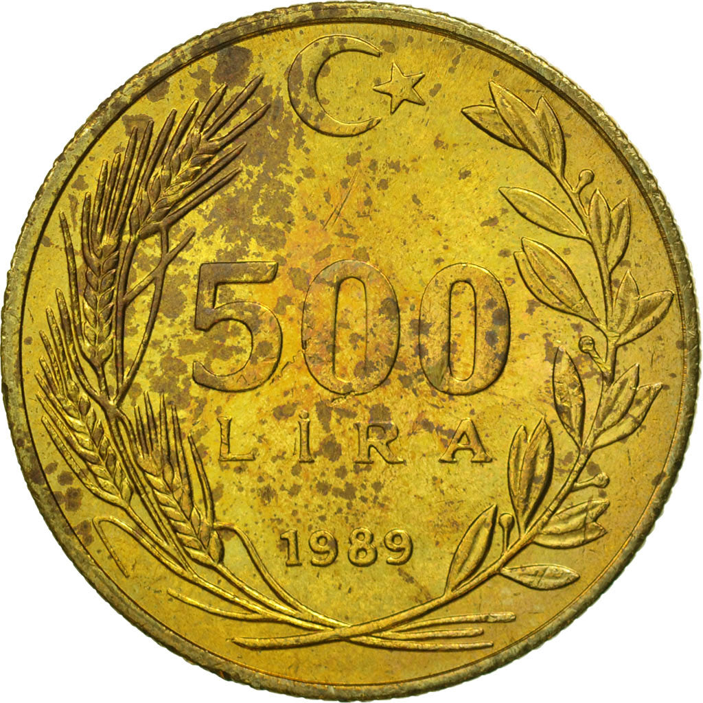 Moneta, Turcja, 500 Lira, 1989, AU(55-58), Aluminium-Brąz, KM:989