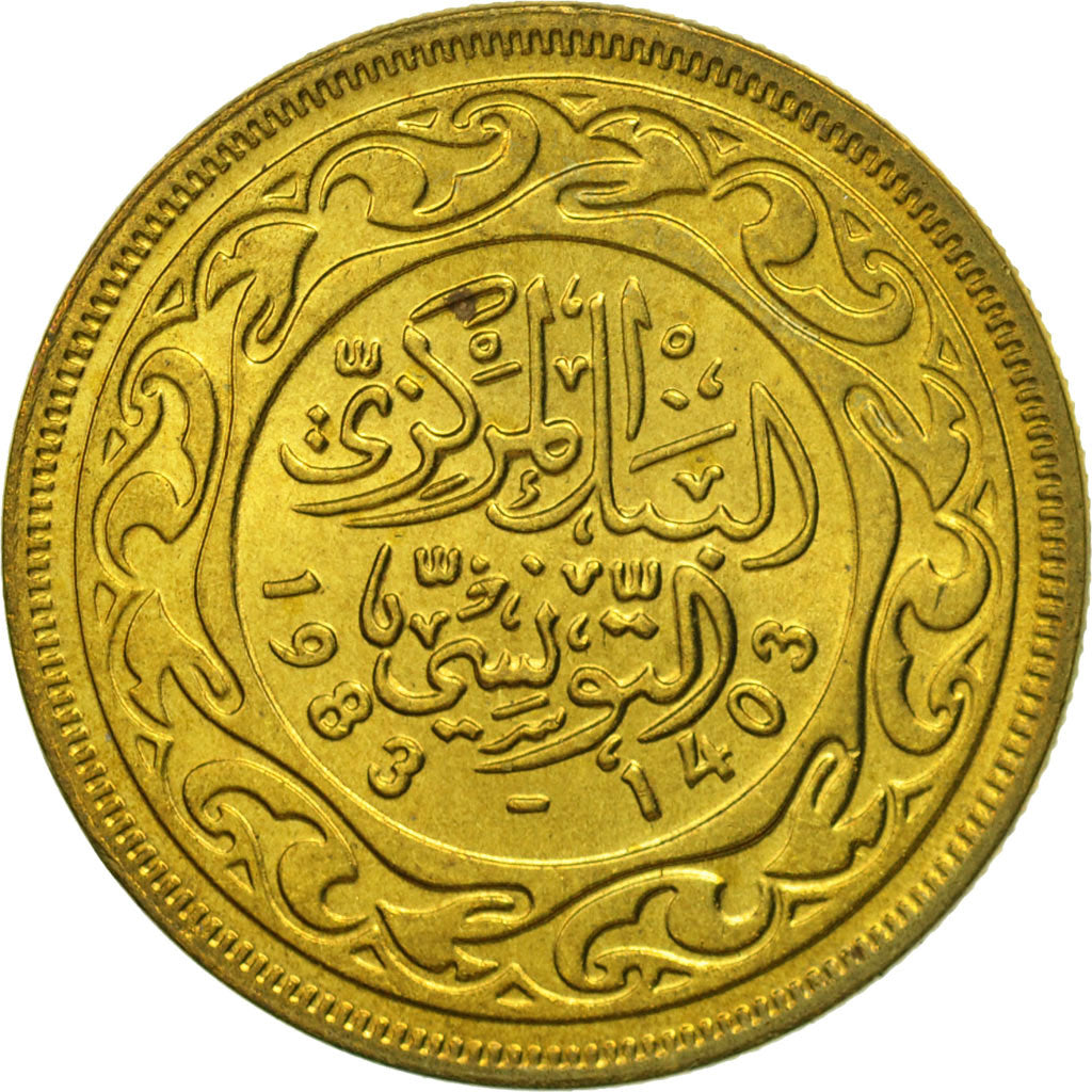 Coin, Tunisia, 20 Millim, 1983, MS(65-70), Brass, KM:307