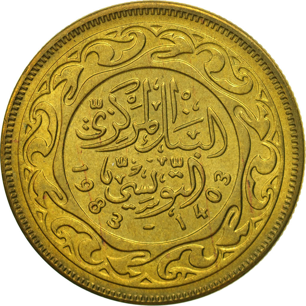 Coin, Tunisia, 50 Millim, 1983, MS(65-70), Brass, KM:308