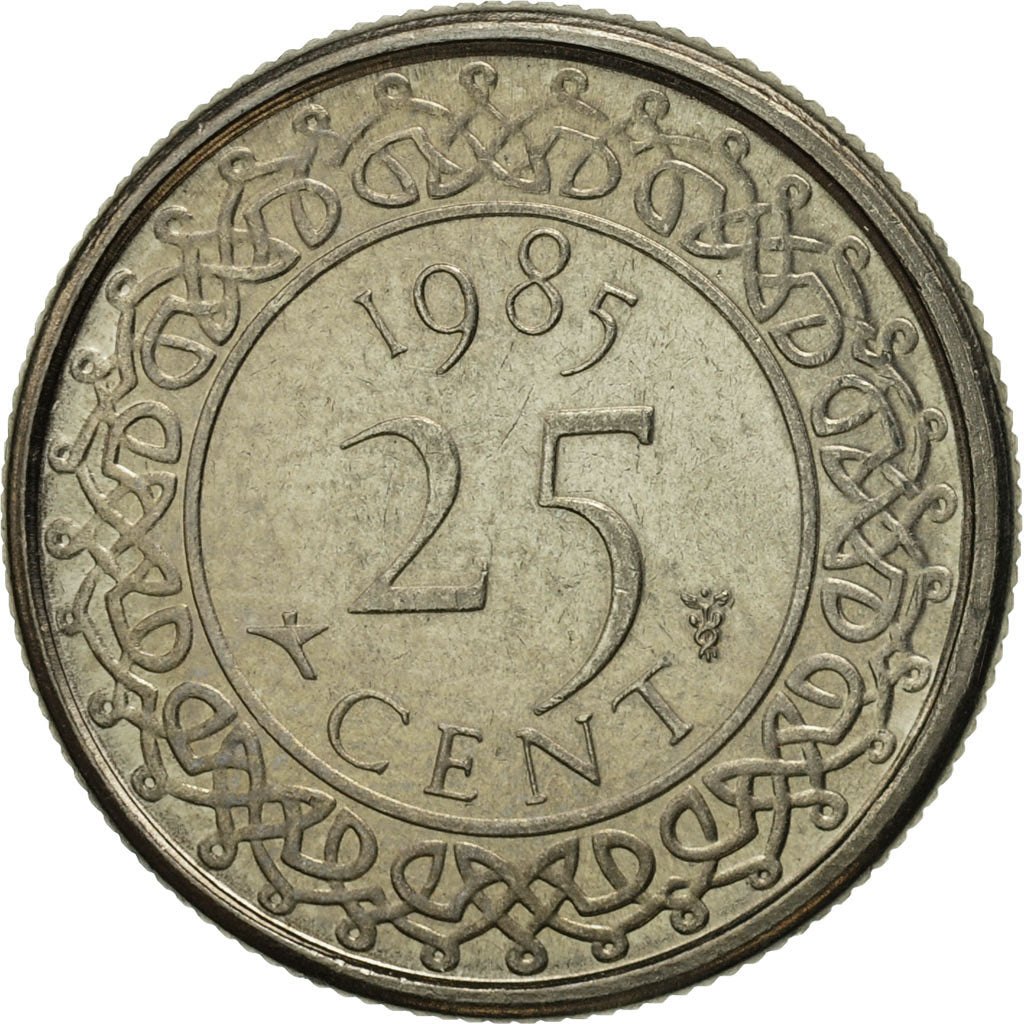 Coin, Surinam, 25 Cents, 1985, MS(65-70), Copper-nickel, KM:14