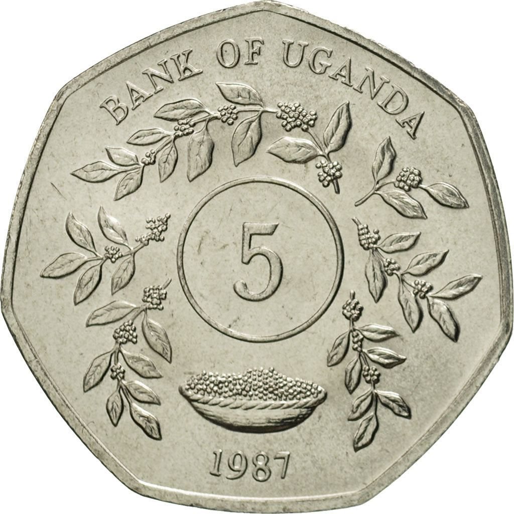 Coin, Uganda, 5 Shillings, 1987, MS(65-70), Nickel plated steel, KM:29