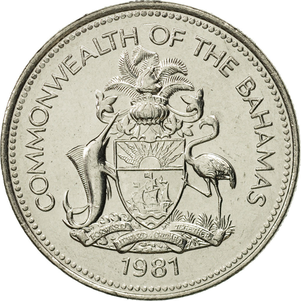 Coin, Bahamas, Elizabeth II, 25 Cents, 1981, Franklin Mint, MS(65-70), Nickel