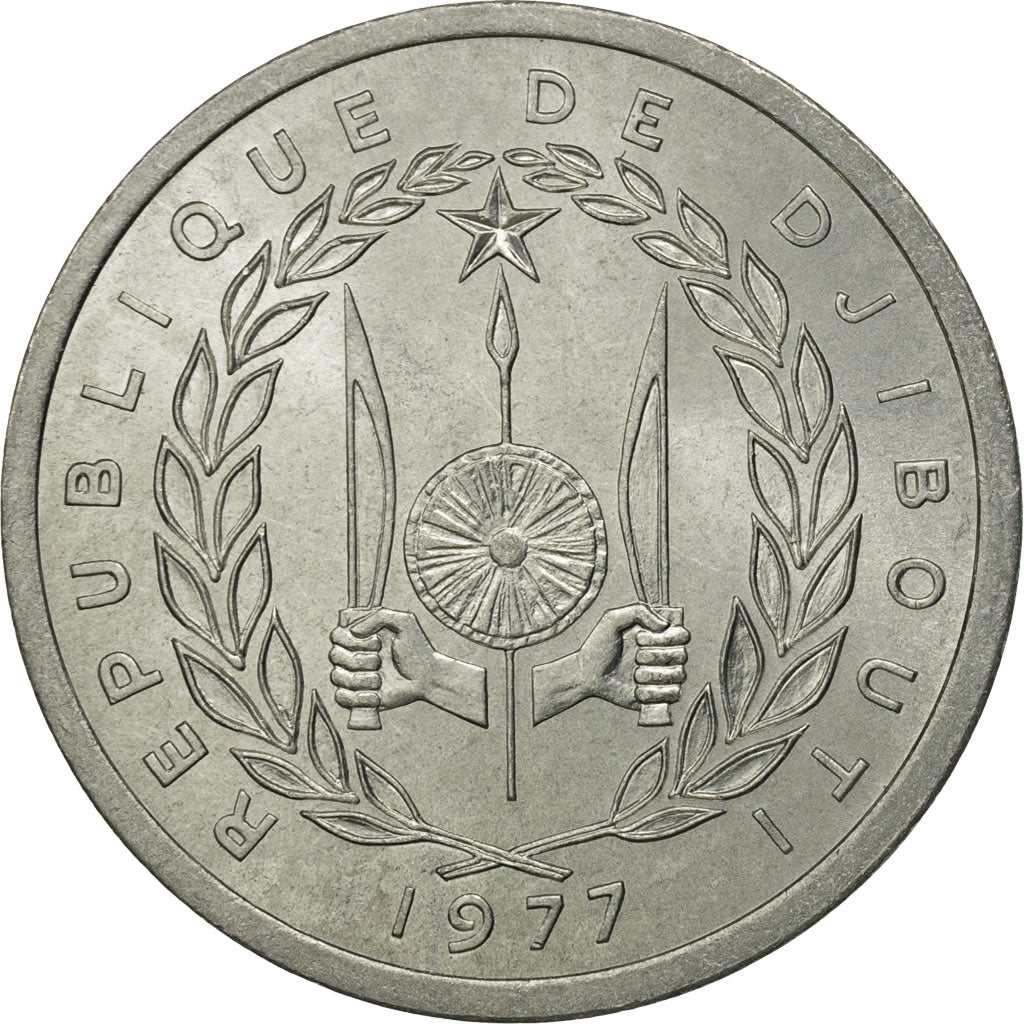 Djibouti, 2 Francs, 1977, Paris, MS(65-70), Aluminum, KM:21