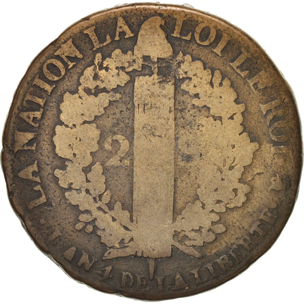 Moneda, Francia, 2 sols françois, 2 Sols, 1792, La Rochelle, BC+, Bronce
