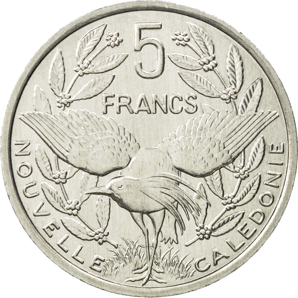 New Caledonia, 5 Francs, 1986, Paris, MS(65-70), Aluminum, KM:16