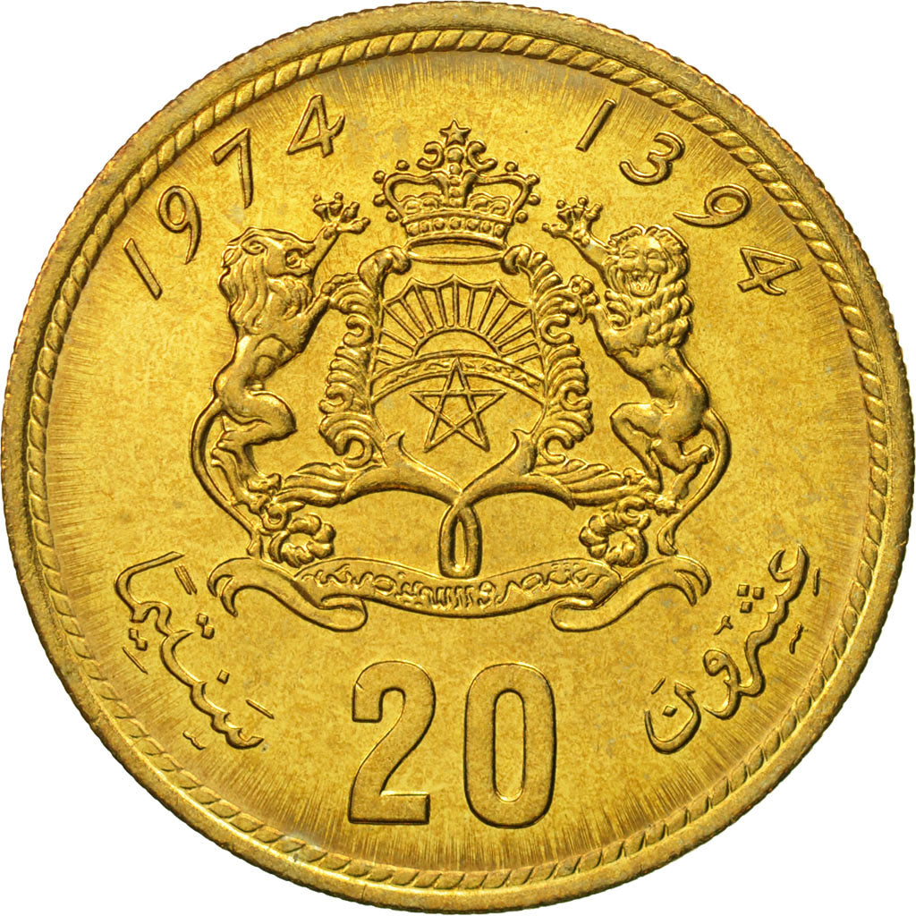 Coin, Morocco, al-Hassan II, 20 Santimat, 1974, MS(65-70), Aluminum-Bronze
