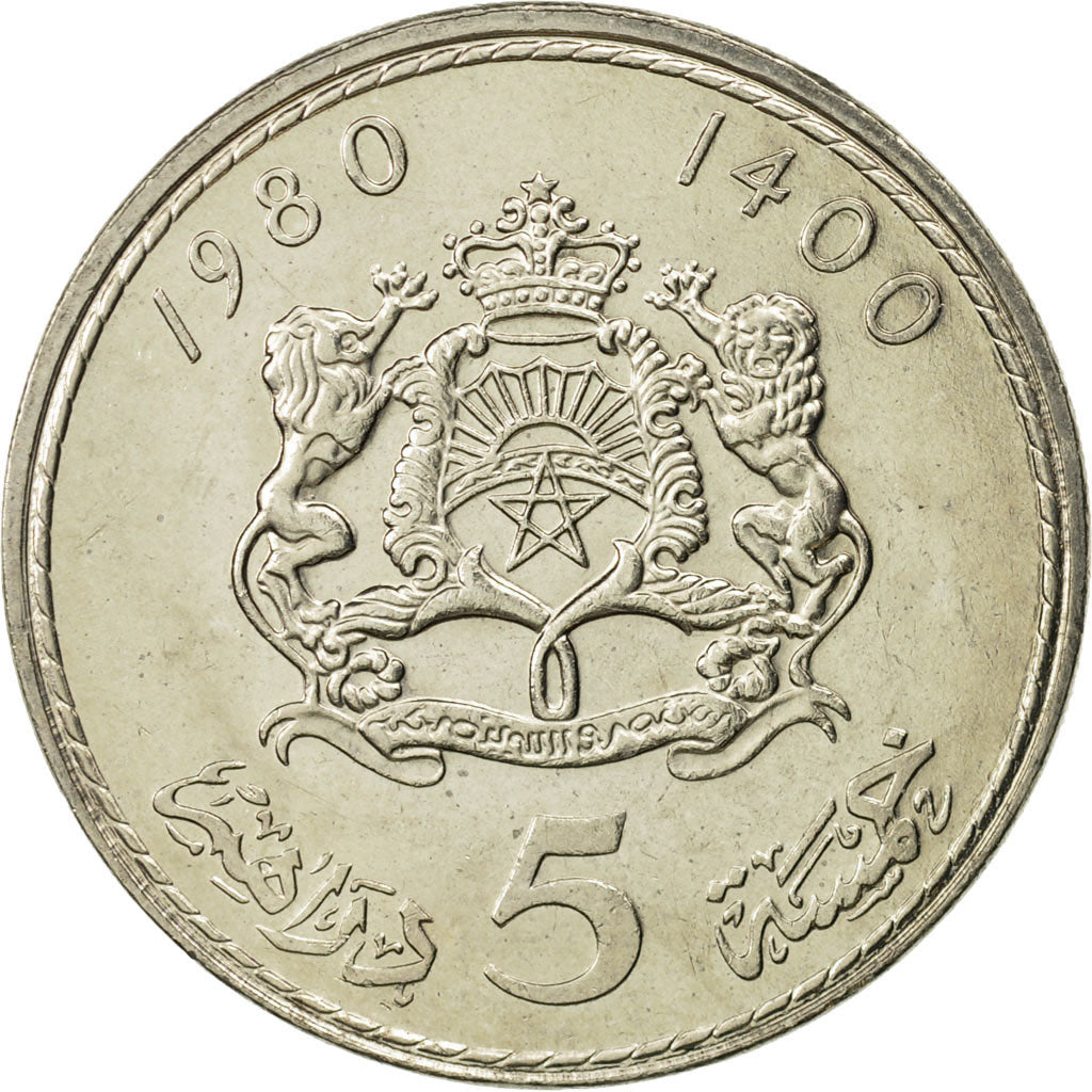 Coin, Morocco, al-Hassan II, 5 Dirhams, 1980, MS(65-70), Copper-nickel, KM:72