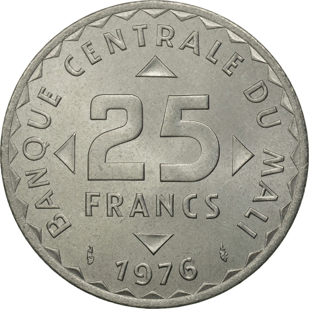 Mali, 25 Francs, 1976, Paris, MS(65-70), Aluminum, KM:12