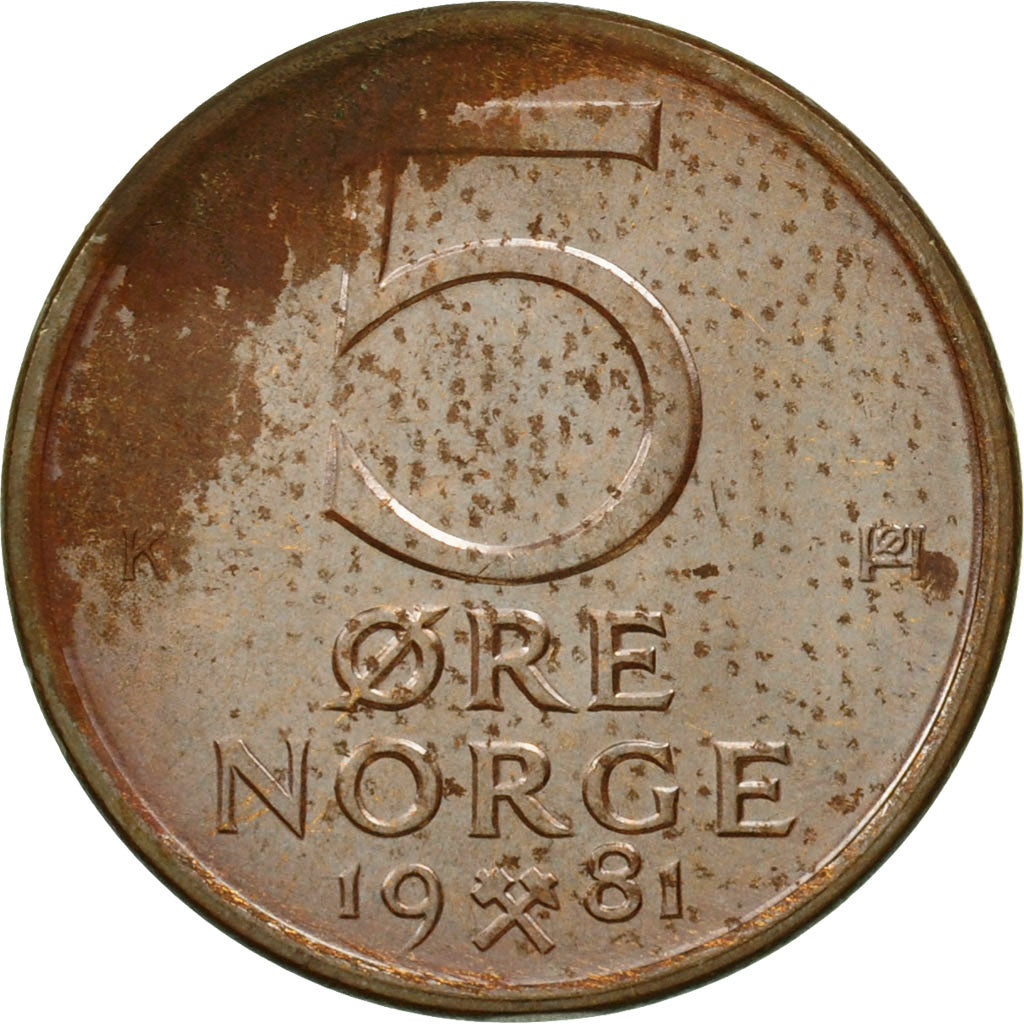 Norvegia, Olav V, 5 Öre, 1981, SPL, Bronzo, KM:415