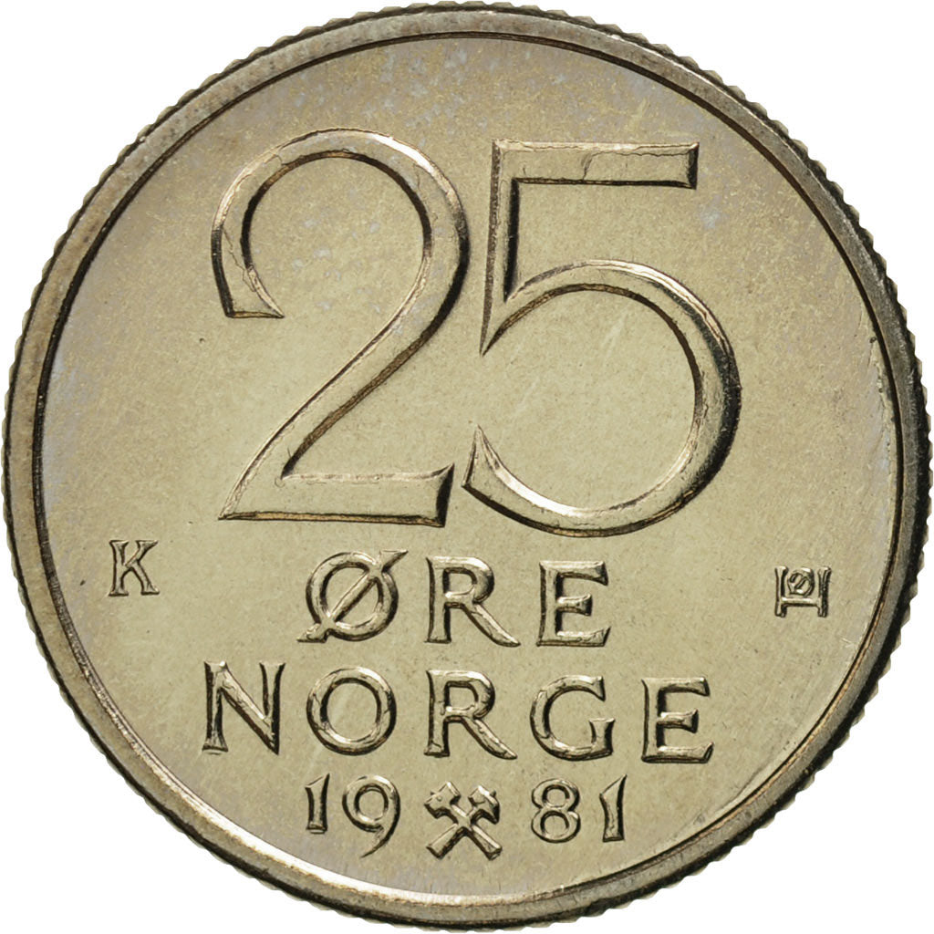 Coin, Norway, Olav V, 25 Öre, 1981, MS(65-70), Copper-nickel, KM:417