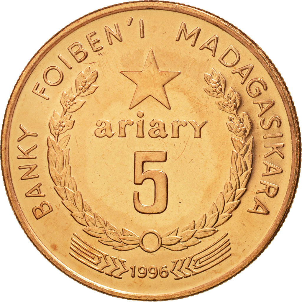 Coin, Madagascar, 5 Ariary, 1996, MS(65-70), Copper Plated Steel, KM:23