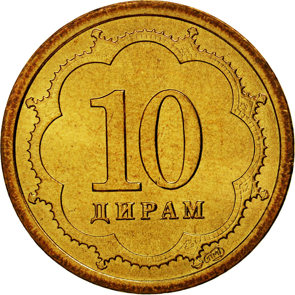 Coin, Tajikistan, 10 Drams, 2001, St. Petersburg, MS(65-70), Brass Clad Steel