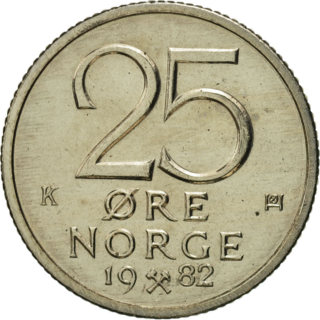 Coin, Norway, Olav V, 25 Öre, 1982, MS(65-70), Copper-nickel, KM:417